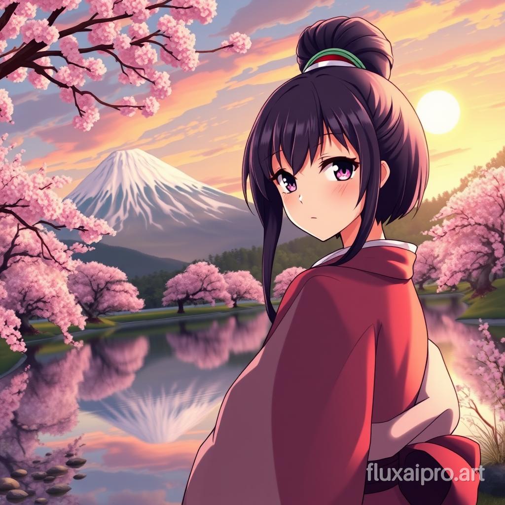 Anime style portrait of a female samurai at a beautiful lake with cherry trees, mountain fuji background, spring, sunset