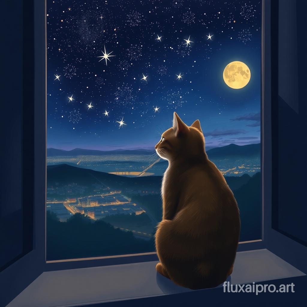 GHIBSKY style, a cat on a windowsill gazing out at a starry night sky and distant city lights