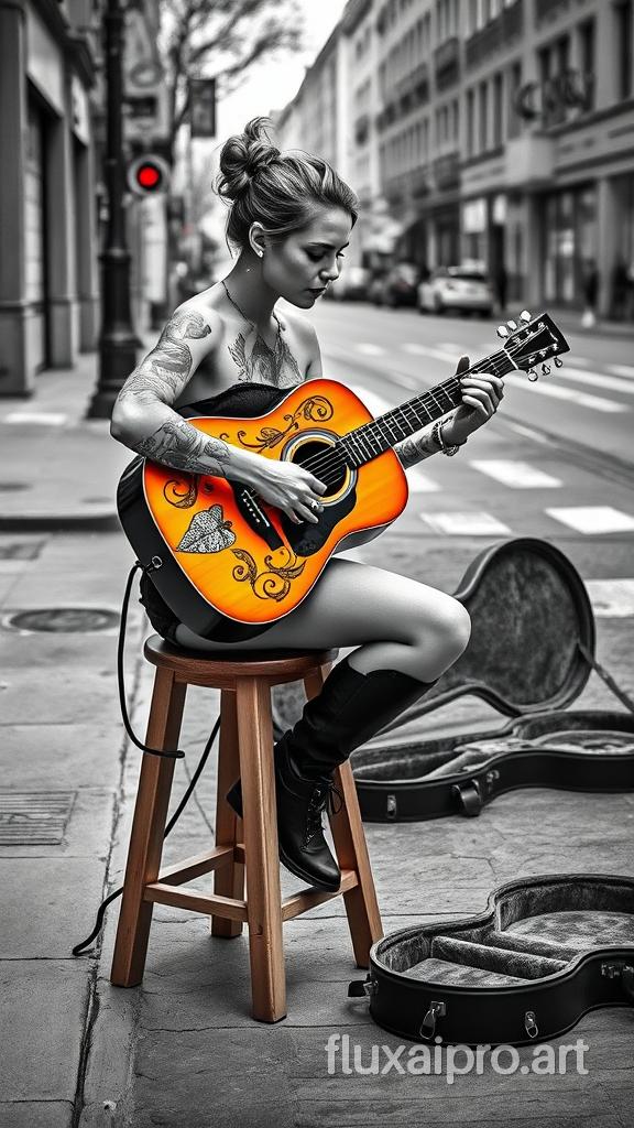 An all tattooed woman sits on a wooden stool, playing a brightly colored acoustic guitar with intricate designs. She wears black boots and has her hair styled in a loose bun in black and gray lace-up boots The scene is monochromatic, with a detailed city street in the background and an open guitar case next to her, suggesting that she is on the street. The contrast between her colorful guitar and the grayscale surroundings draws attention to her performance.Author's signature "CG" in the upper right of the image.