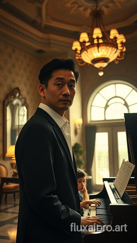 A gentleman of East Asian descent, mid-30s, light-olive skin, sharp features, wearing a tailored black suit and crisp white shirt, unbuttoned at the collar, stands in a dimly lit, art deco hotel lobby. His expression, a mix of curiosity and nostalgia, is captured in a dual-exposure, where his ghostly faded form overlooks a younger version of himself, seated at the grand piano, fingers dancing on the keys. The lobby embodies Wes Anderson's symmetrical aesthetic, with geometric patterns on thewallpaper and floor, ornate mirrors reflecting the opulent chandelier. Soft, warm hues dominate the scene, enhanced by a vintage color grade and visible film grain.yenSource lighting from a nearby window bathes the pianist in a subtle, late afternoon glow, while a table lamp to his left casts harsh shadows, dramatizing his focus. The gentleman's sharply focused gaze meets ours, while the younger self embodies Anderson's whimsical child persona, lost in his music.