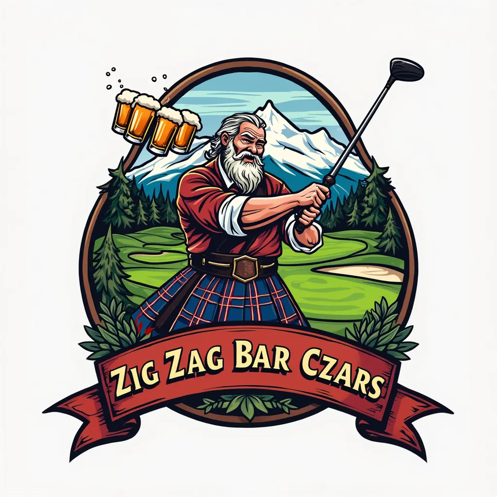 A beautiful logo of a crazy Scotsman  guzzling beers and swinging a golf club at beautiful mt. Hood  golf course with a banner that says “Bar Wars” and another banner that says “ Zig Zag Bar Czars”