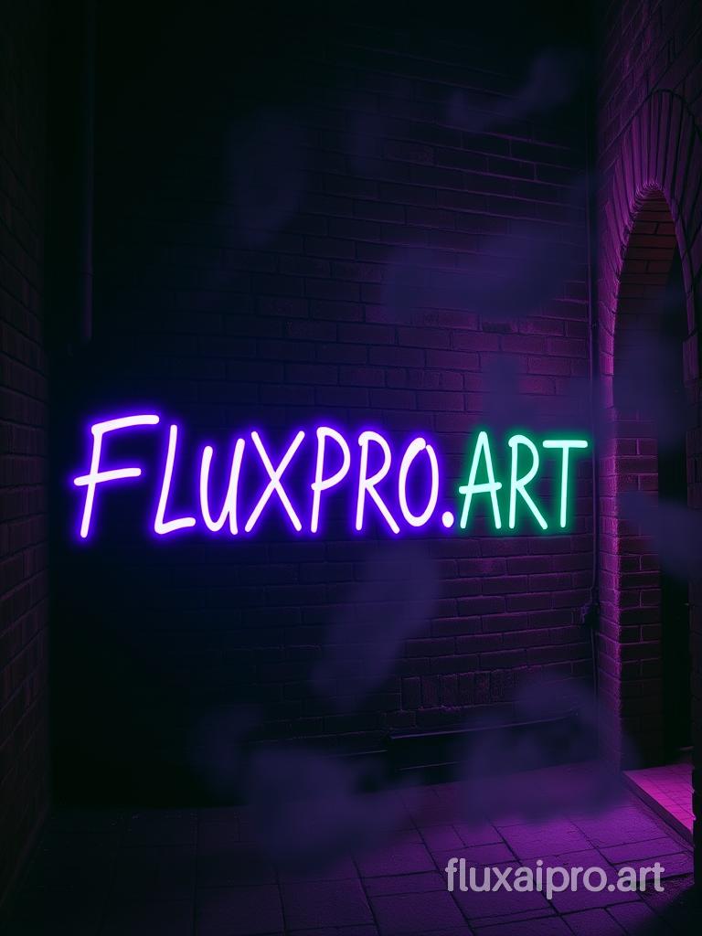 A photo of an old brick wall, dark night, gothic style, low light, with mist swirling around the alley. The word "FLUXPRO.ART" is painted on the wall in beautiful cursive font, using shades of purple, pink and green, neon color with a glow effect