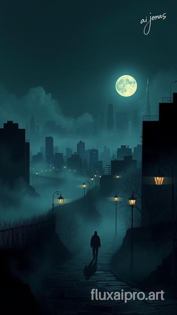 A noir cityscape at night with a misty atmosphere and glowing street lamps, featuring a solitary figure walking down a winding path. The art style is dark and moody, with a touch of surrealism. The city skyline is shrouded in fog, with the soft light of the moon casting eerie shadows. The artist's stylish signature 'ai Jonas' appears in the top right corner of the image.

Details to include:
- A blend of noir and surrealism in the art style.
- Mist and fog enveloping the cityscape.
- Soft, eerie lighting from street lamps and the moon.
- A lone figure walking on a winding path.
- Dark, shadowy buildings in the background.
- A melancholic and mysterious mood.
- The city appearing both modern and timeless.
- The artist's stylish signature 'ai Jonas' in the top right corner.