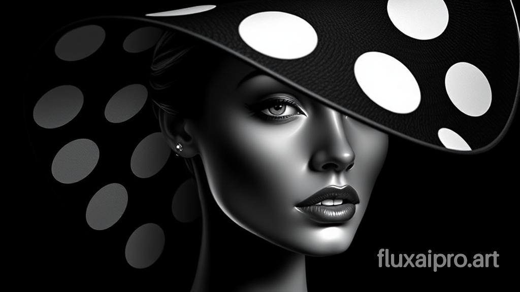 A striking digital art piece featuring a stylized and elegant woman as the focal point. The subject is captured in a close-up view, emphasizing her enigmatic facial features and wide-brimmed hat adorned with large white polka dots against a black background. The dramatic lighting highlights the contrast between her illuminated and shaded areas, showcasing her smooth skin and striking appearance. With one visible eye, she exudes mystery and glamour, her full and glossy lips adding to the contrast and chic aesthetic. The monochrome palette of black, white, and shades of gray creates an elegant and timeless atmosphere, while the high-contrast lighting lends a film-noir quality. The artwork masterfully blends realism and stylization, featuring clear lines, an impeccable finish, and a modern twist on classical portraiture.