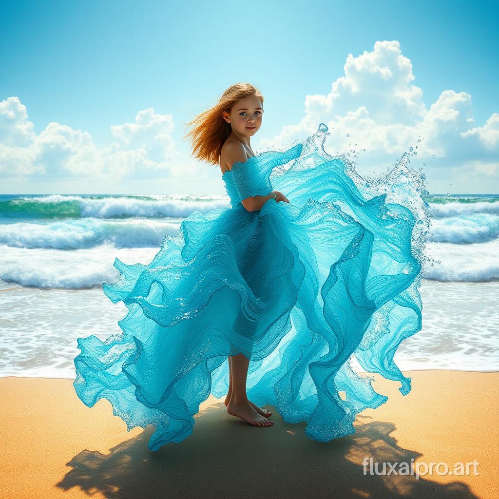 In a breathtaking and surreal scene set against the pristine shoreline, a young girl stands elegantly on the sun-kissed beach, her form adorned in an elaborate dress crafted entirely from shimmering aqua water waves. The fabric appears to flow and ripple with life, mimicking the sea's inherent grace and fluidity. As the waves crash dramatically around her, droplets of water sparkle like diamonds in the sunlight, cascading over her figure in a stunning display of motion. The gentle breeze tousles her hair, adding to the ethereal quality of the moment. Surrounding her are the soft, golden sands, glistening under the midday sun, while the rhythmic sound of crashing waves creates a harmonious backdrop. High above, the azure sky stretches endlessly, dotted with fluffy white clouds, conveying a sense of tranquility and wonder. This captivating image, depicted in high-definition, showcases sharp focus and intricate details that draw the viewer into its enchanting realm, reflecting the artistry of Dmitry Kostanovich, Felicia Semyon, and Ekaterina Panikanova, enhanced by the dynamic techniques of Photoshop and the illustration style of Sasan.