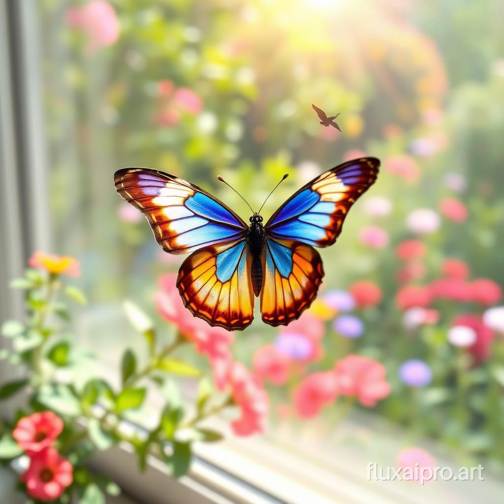 A delicate butterfly, its wings adorned with vibrant shades of blue and orange, gently flutters near a sunlit window. The soft morning light filters through the glass, creating a dappled effect on the smooth surface of the butterfly's wings. Outside, a lush garden bursts with colorful blooms, their sweet fragrances wafting into the room. The butterfly pauses delicately on the windowsill, its finely detailed antennae twitching as it senses the gentle breeze carrying the harmonious sounds of nature, with birds chirping and leaves rustling. The scene embodies a serene moment of beauty and fragility, captured in time.