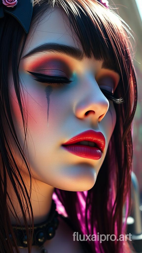 A striking conceptual portrait of a gothic performer, beautifully captured in a close-up shot. The subject's face is illuminated by bright light reflections, giving the image an ethereal, dreamy quality. The muted purple, pink, teal, and blue color palette adds depth and mystery to the scene. The gothic woman's eyes are closed and her lips slightly parted, evoking a sense of calm or introspection. The soft backlighting and sunny atmosphere create a warm and inviting ambiance, while the graffiti, and 3D render elements add a touch of urban edge and cinematic flair to this fashion-inspired illustration., graffiti, poster, photo, cinematic, conceptual art, illustration, painting, graffiti, 3d render, vibrant, portrait photography, fashion, product