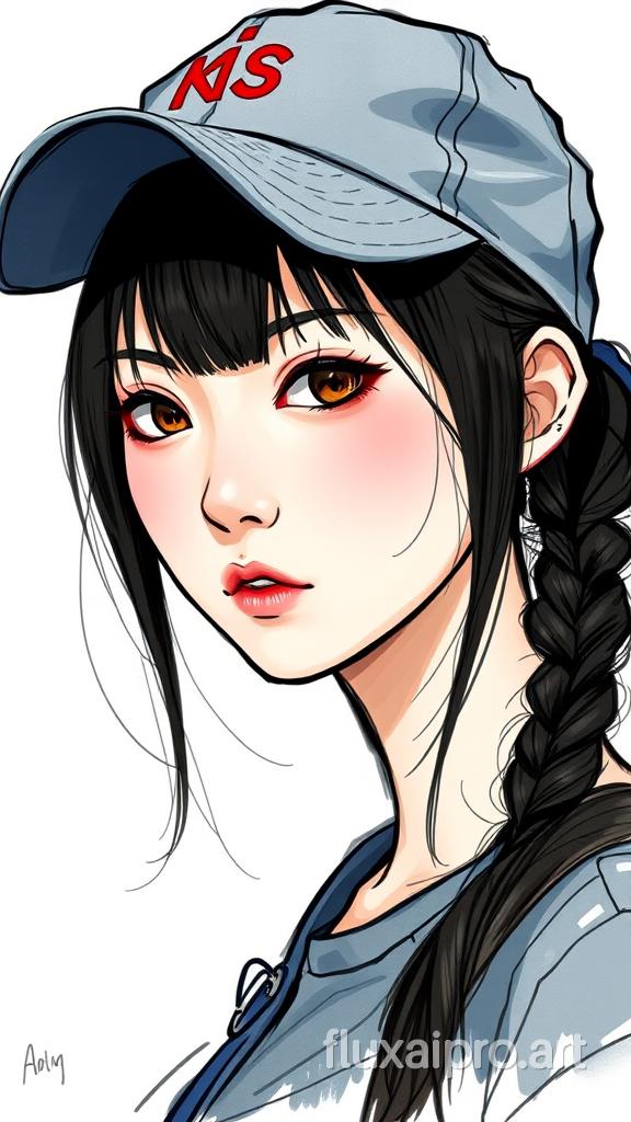 彩色素描肖像，一个中国年轻女子，现代服饰，坚毅的目光，大女主，棒球帽，暗黑饰品