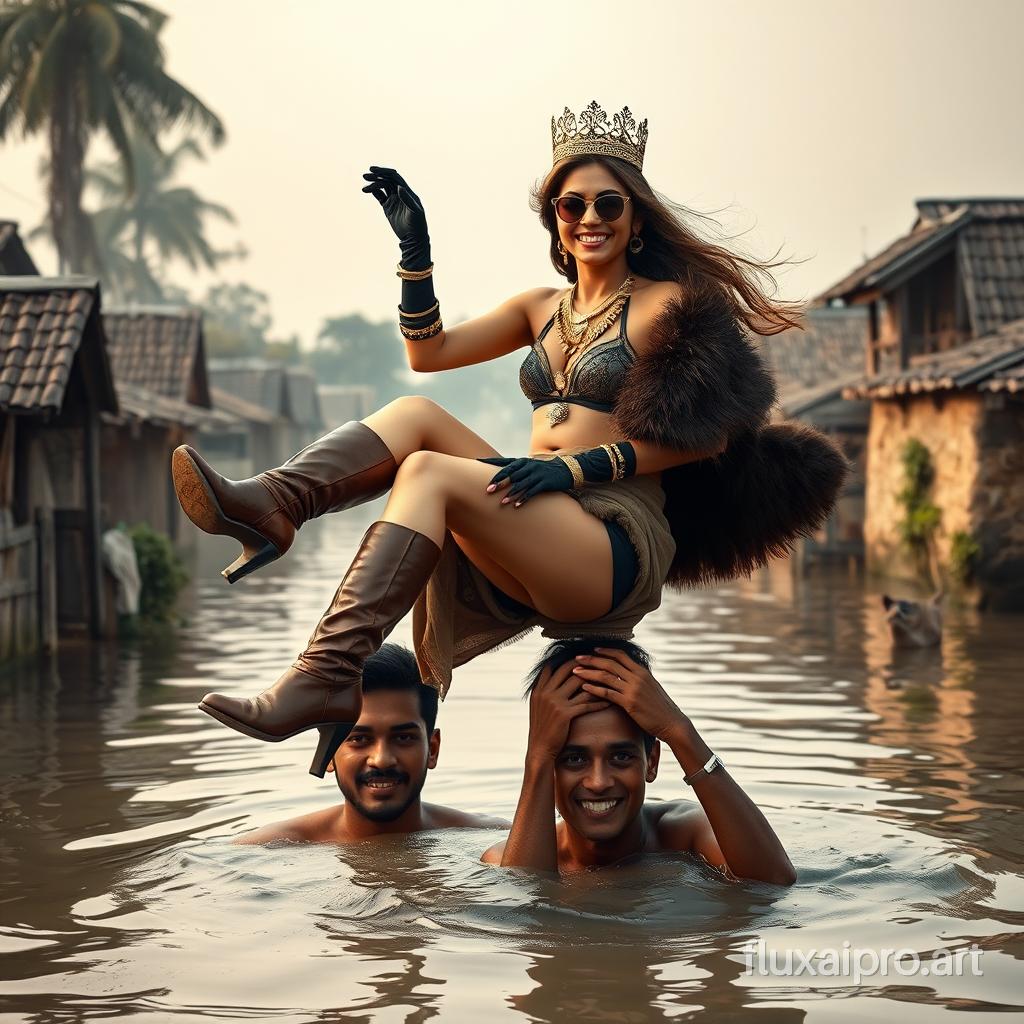 A very gorgeous, petite, smiling, young, white Pakistani woman, adorned in a crown, a grand gold necklace, various body jewelry, a black sunglass, a pair of silk glove, a stylish ornamental bikini, a fur long cape with brown knee high stiletto boot, gracefully navigates a small flooded village sitting on head of two strong man. the woman's leap is painted and dangling her legs. the woman's hair is flowing in the wind and creating a dramatic effect. The men carries her with utmost care, ensuring her boots do not touch the water, as they pass through a picturesque, yet submerged, village. The scene is bathed in a soft, ethereal glow, highlighting the contrast between the woman's beauty and the village's struggle.