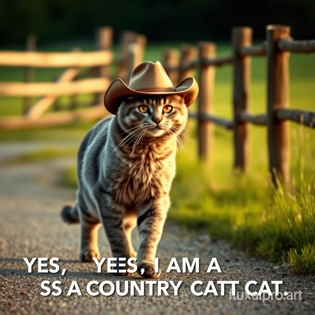 A cinematic shot of a grey cat with a cowboy hat, walking on two legs through a countryside road. The cat has a confident and adventurous expression. The background contains a wooden fence and a lush green field. The lighting is warm and golden. WORDS BELOW SAY, YES I AM A COUNTRY CAT.