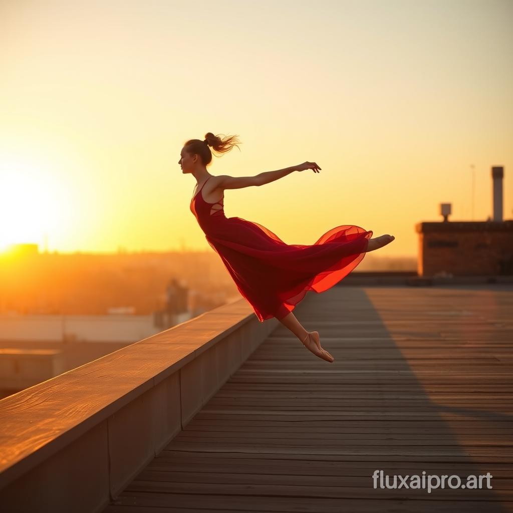 A ballerina gracefully leaping on a rooftop during a golden sunset, flowing red dress, warm sunlight, soft shadows, wooden rooftop, cinematic lighting, photorealistic, 16:9