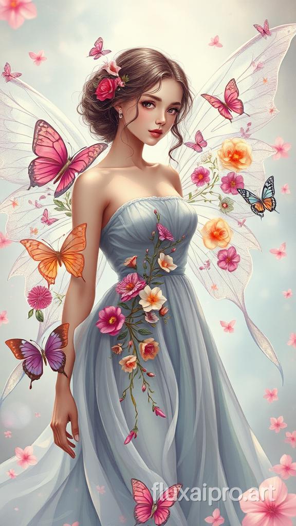 A stunning illustration of a young woman with a mesmerizing fusion of styles and techniques. She is adorned with delicate, translucent wings that are intricately designed with a variety of vibrant flowers and butterflies. The woman's ethereal beauty is accentuated by her flowing, diaphanous gown and the soft, dreamy atmosphere of the scene. The overall effect is a captivating blend of fantasy and realism that draws the viewer into this enchanting world., illustration