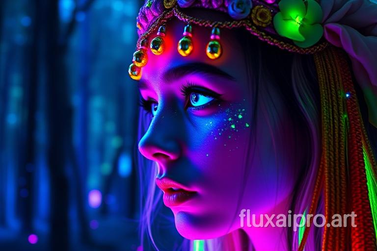 portrait | wide angle shot of eyes off to one side of frame, lucid dream-like woman, looking off in distance ::8 style | daydreampunk with glowing skin and eyes, styled in headdress, beautiful, she is dripping in neon lights, very colorful blue, green, purple, bioluminescent, glowing ::8 background | forest, vivid neon wonderland, particles, blue, green, purple ::7 parameters | rule of thirds, golden ratio, assymetric composition, hyper- maximalist, octane render, photorealism, cinematic realism, unreal engine, 8k ::7 --ar 16:9 --s 1000