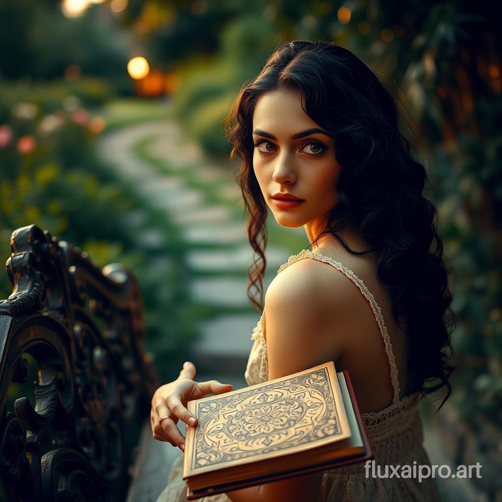 A warm, golden light bathes the scene, reminiscent of a fine Italian soirée, as a soft focus shot of a gentle, melancholic woman, with porcelain skin and expressive, heart-shaped brown eyes, sits on a worn, intricately carved wooden bench in a lush, overgrown garden, her long, curly dark hair cascading down her back like a waterfall of night. The camera slowly pans across her face, revealing a deep sense of longing in her vulnerable expression, as she gazes off into the distance, her eyes lingering on the soft, moonlit path stretching out before her. Her hand cradles a worn, leather-bound book, its cover adorned with intricate, hand-tooled filigree, as if it holds secrets and stories of the past. The warm, golden light is accentuated by the soft focus, creating a dreamlike quality, reminiscent of the cinematic style of Bernardo Bertolucci, with a subtle grain and a muted color palette. The overall atmosphere is nostalgic and contemplative.