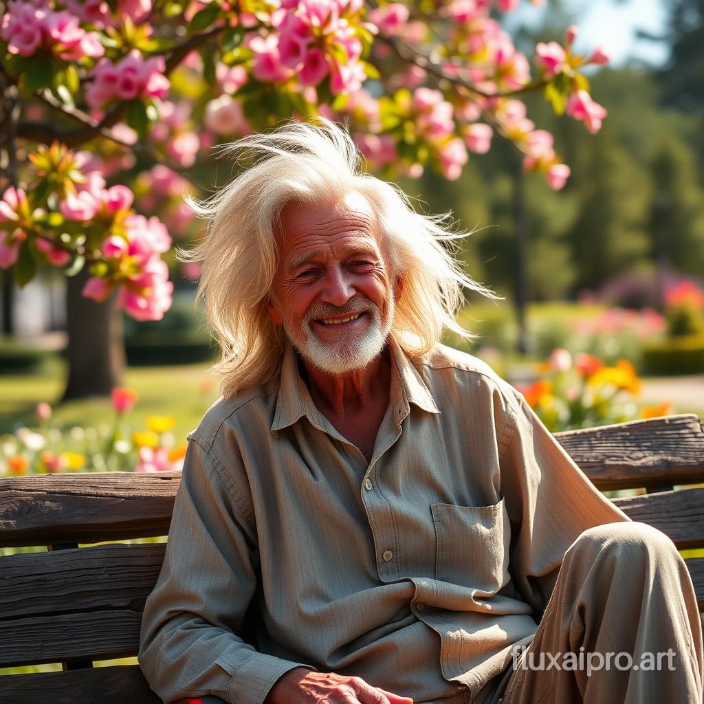 An elderly man with a wispy, silver ponytail that cascades gently down his back, his hair glistening like spun moonlight in the warm afternoon sun. His weathered face, marked by deep lines and a gentle smile, tells stories of a life well-lived, filled with laughter and wisdom. With twinkling blue eyes that spark with mischief, he sits on a rustic wooden bench in a sun-drenched park surrounded by vibrant blooming flowers and the soft rustle of leaves in the gentle breeze. The faint scent of blooming jasmine fills the air, mingling with the sound of children’s laughter echoing in the distance. Dressed in a comfortable, loose-fitting shirt and well-worn trousers, he exudes an air of tranquility and contentment as he enjoys his serene surroundings, occasionally chuckling to himself, lost in fond memories.