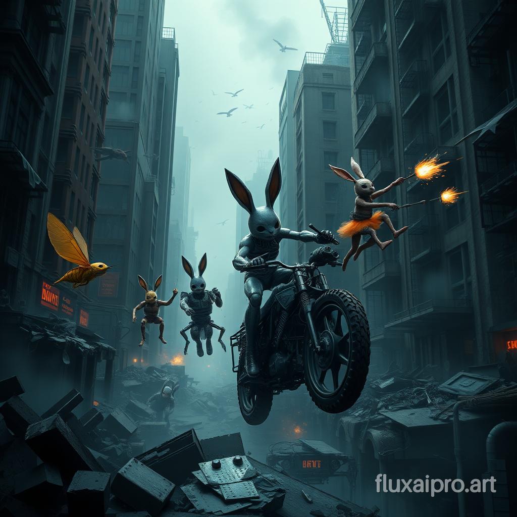 In the heart of a dark, hauntingly beautiful urban battlefield, a group of extraordinary hybrids struggle to navigate through the crumbling skyscrapers. A gnome-like insect darts amongst the rubble, using its wings to evade debris. A bunny cyborg, mounted on a skeletal bike armed with cannons, precisely targets and eliminates enemy machines. A deep-sea fish android hybrid slithers through the flooded streets, while a rabbit-girl hybrid leaps across rooftops, hurling explosives at distant enemy targets. The environment is a war-torn city, with smoke rising from the wreckage and the distant echo of battle sounds filling the air. Machines from a forgotten war patrol the streets, posing a constant threat to the group's progress. The situation is critical, but the group's unique abilities and determination push them forward in their, wildlife photography, conceptual art, dark fantasy, photo