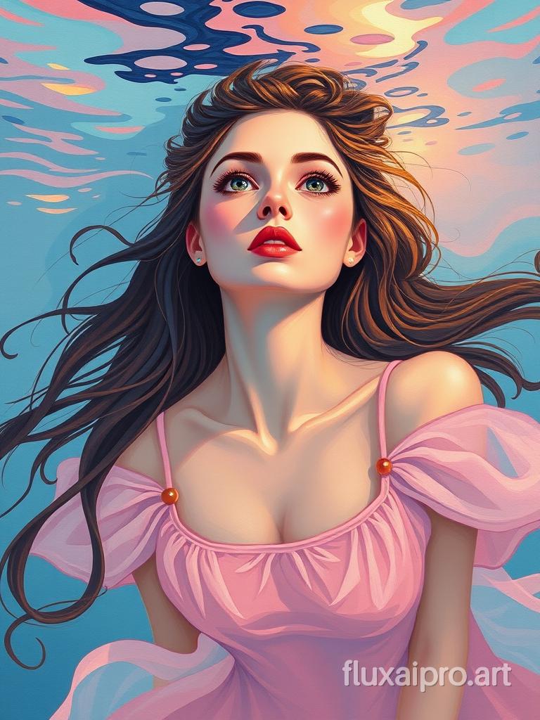 acrilic Portrait of a woman with big eyes,artwork of a woman fully submerged in water, with her face illuminated by a gentle, mystical light. She wears a delicate, rosy pinkdress and her long hair flows gracefully around her. . The woman is looking upwards, Stylized, Paper, vivid color scheme, Artstation, Acrylic paint, femenine simple.