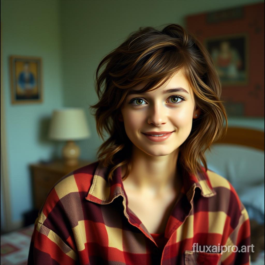 A young woman with tousled hair and minimal makeup, wearing a oversized flannel shirt, looking directly at the camera with a slight smile. The background is slightly out of focus, suggesting a cozy bedroom, kodachrome, flmft style