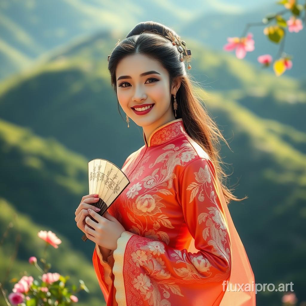 Against a backdrop of lush, green hills, a radiant young woman dressed in a stunning, intricately embroidered Xiu He gown stands gracefully with an enchanting smile. Her gown, adorned with golden peonies and intricate phoenix patterns, shimmers under the soft sunlight, showcasing the rich red and gold hues that symbolize prosperity and joy. The delicate silk fabric flutters gently in the warm breeze, creating a sense of elegance and tradition. She holds a beautifully crafted fan, embellished with ornate designs, delicately poised by her side. Her hair, styled in an elaborate updo, is adorned with elegant hairpins reflecting the light like glimmering stars. Surrounding her, the vibrant colors of blooming flowers and leaves whisper the tales of cultural heritage, while the distant sound of melodious traditional music fills the air, setting a festive and celebratory atmosphere. The serene expression on her face radiates confidence and joy, embodying the timeless beauty of tradition and grace.