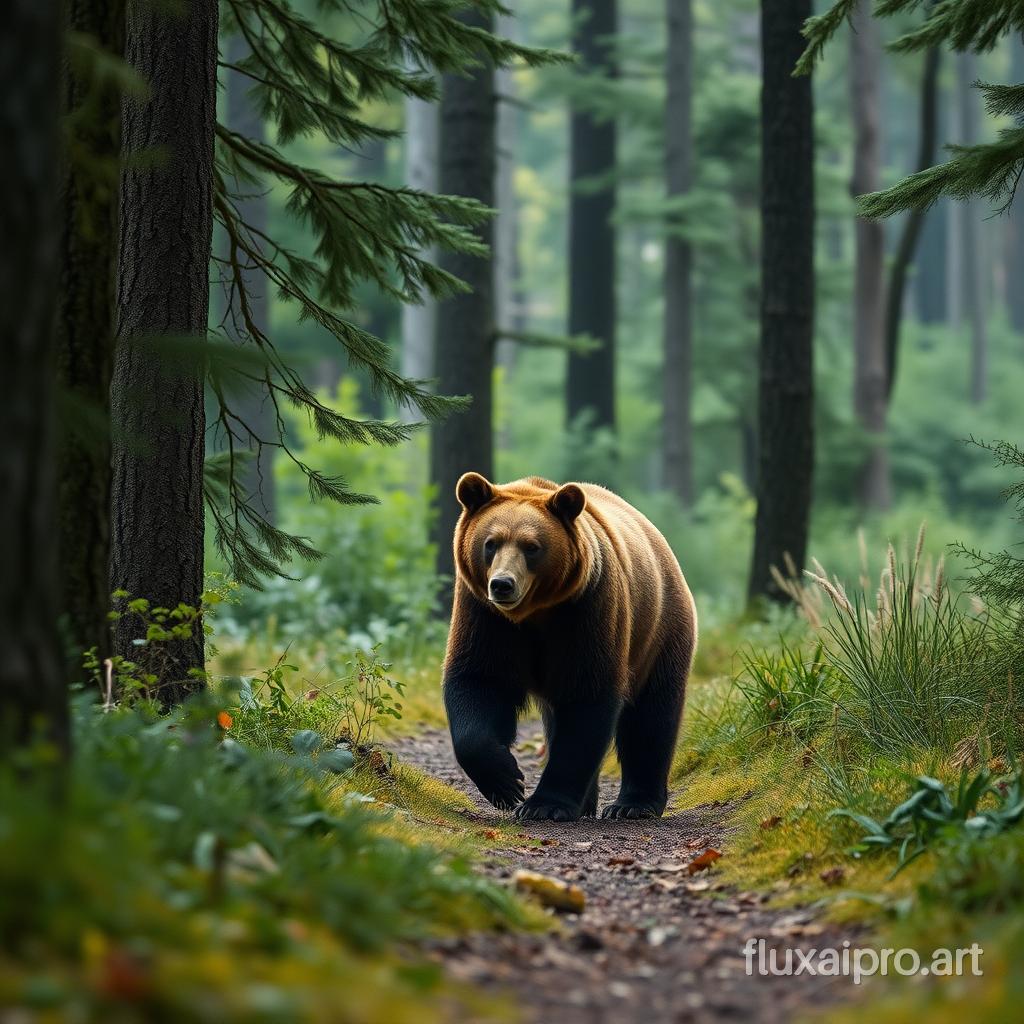 A bear strolls through the forest.