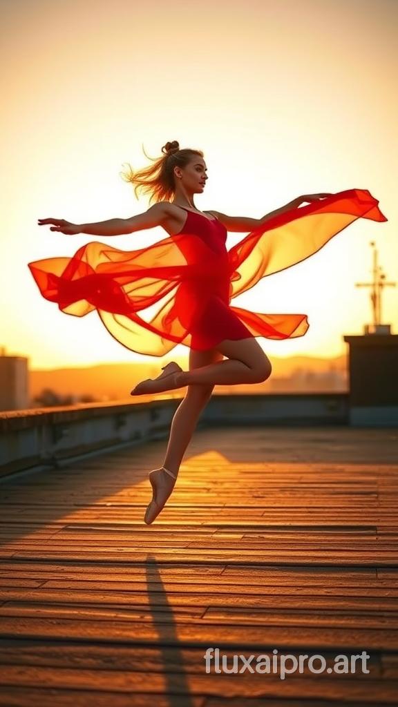 A ballerina dancing gracefully on a rooftop during a golden sunset, her flowy red dress swirling in the air as she leaps. The warm sunlight casts a soft glow on her, highlighting the delicate fabric of her dress. The rough texture of the wooden rooftop contrasts with the smoothness of her dance.