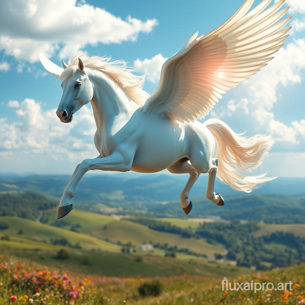 In a magical realm where dreams intertwine with reality, a majestic winged horse, known as a pegasus, soars gracefully through the azure sky. Its coat is a dazzling shade of pearlescent white, shimmering with hints of silver and gold as sunlight caresses its muscular frame. The powerful, outstretched wings, adorned with feathers as delicate as the finest silk, beat rhythmically, creating a gentle whooshing sound that harmonizes with the soft whispers of the wind. Below, a vibrant landscape of rolling hills and lush meadows stretches out, dotted with colorful wildflowers that sway in the breeze. The air is fragrant with the sweet scent of blooming jasmine and fresh grass. As the pegasus glides effortlessly, its deep sapphire eyes sparkle with curiosity and wisdom, embodying the spirit of freedom and enchantment in this idyllic setting.