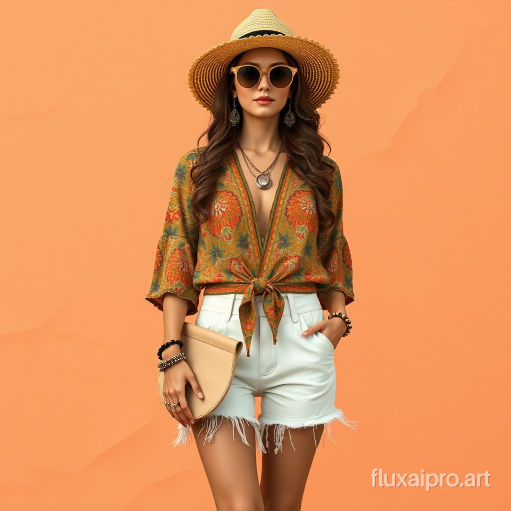 A woman dressed in a bohemian style, standing against a backdrop of crumpled paper in shades of peach. She wears a wide-brimmed straw hat, round sunglasses, and a colorful, patterned blouse. The blouse has a tie-around waist, and she pairs it with white shorts that have frayed edges. She holds a round, beige clutch in her hand. The woman has long, wavy brown hair and is adorned with various jewelry pieces, including a necklace and bracelets.8k.UHD.The creator's signature, 'fluxaipro.art, is placed at the bottom right corner, perfectly readable., painting, architecture, fashion, illustration, 3d render