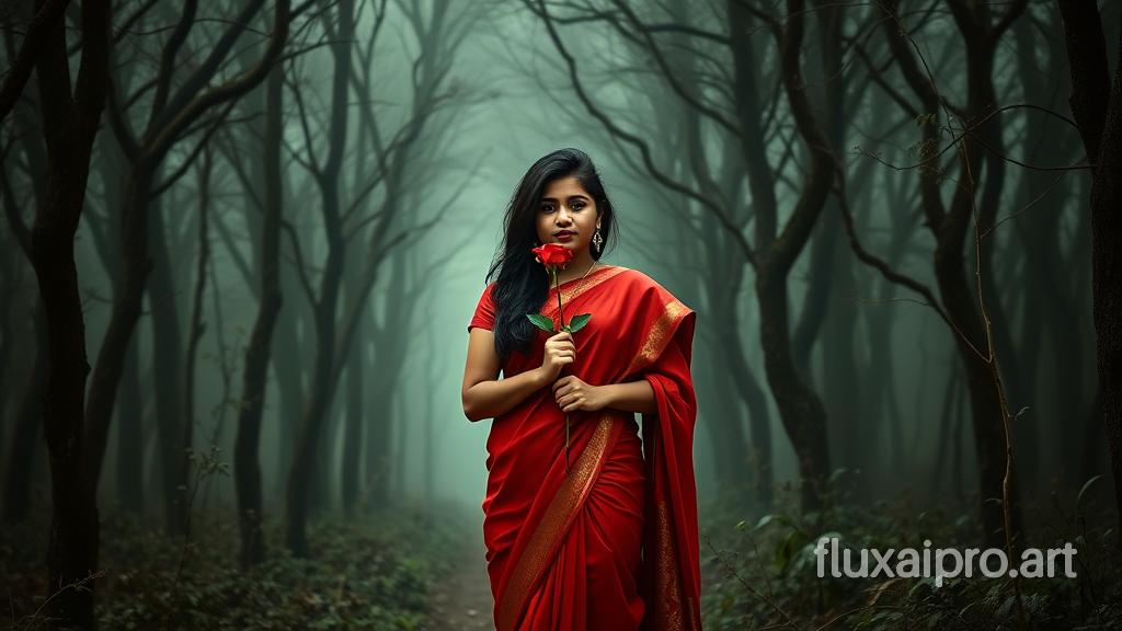 A girl wearing red saree standing in the middle of a magical gloomy dreamy beautiful forest holding a rose by both hands facing the camera , The atmosphere is beautiful