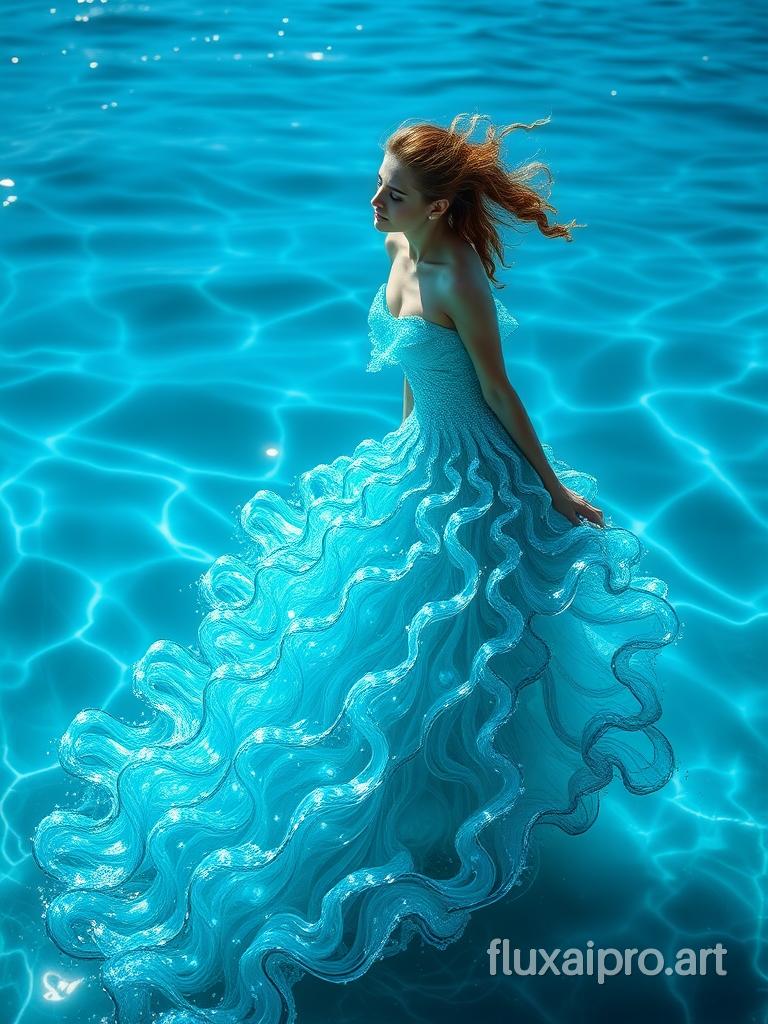 Woman in an elaborate aqua dress made entirely of water waves, by Dmitry Kostanovich, Photoshop, Felicia Semyon, UHD image, Ekaterina Panikanova, Shiny and sparkling, HDR, Dynamic mode, 32 KB, Sharp focus, Illustration. by Sasan.