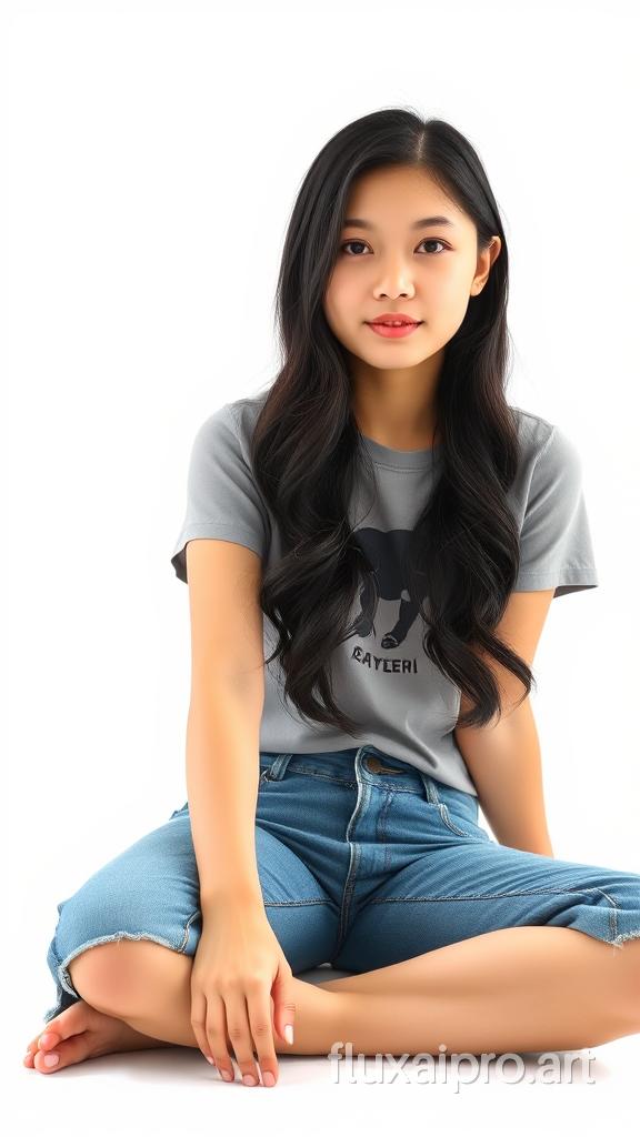 A photograph of a 20-year-old Chinese woman with long black wavy hair. She is wearing a T-shirt and denim capris. The woman is sitting on the floor and is barefoot. The girl has tanned skin and is very beautiful. The background is pure white.