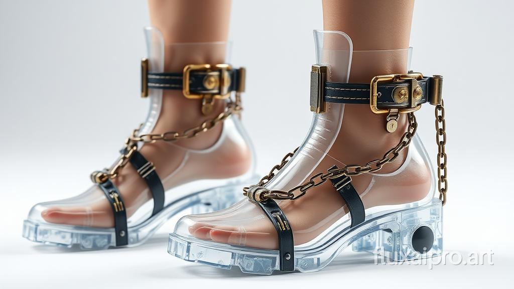 Create an image of an advanced pair of confinement shoes designed for a Scandinavian girl. The shoes are crafted from a translucent, durable polymer that allows visibility of the interior mechanisms. The shoes feature heavy, metal ankle cuffs integrated into their design, which are locked with sturdy chains that secure the ankles in place. The ankle cuffs are attached to the shoes with ornate metal clasps and locking mechanisms, preventing any movement. The overall design combines futuristic technology with intricate craftsmanship, highlighting the secure confinement and detailed, restrictive features of the footwear.
