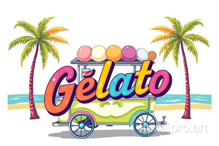 A vibrant custom illustration, retro-style, featuring a vintage ice cream cart, by the beach, with palm trees. The text 'Gelato' is displayed in a retro, distressed style, with each letter in a different color, exuding a sense of nostalgia. The design is perfect for a t-shirt print, with an isolated white background.