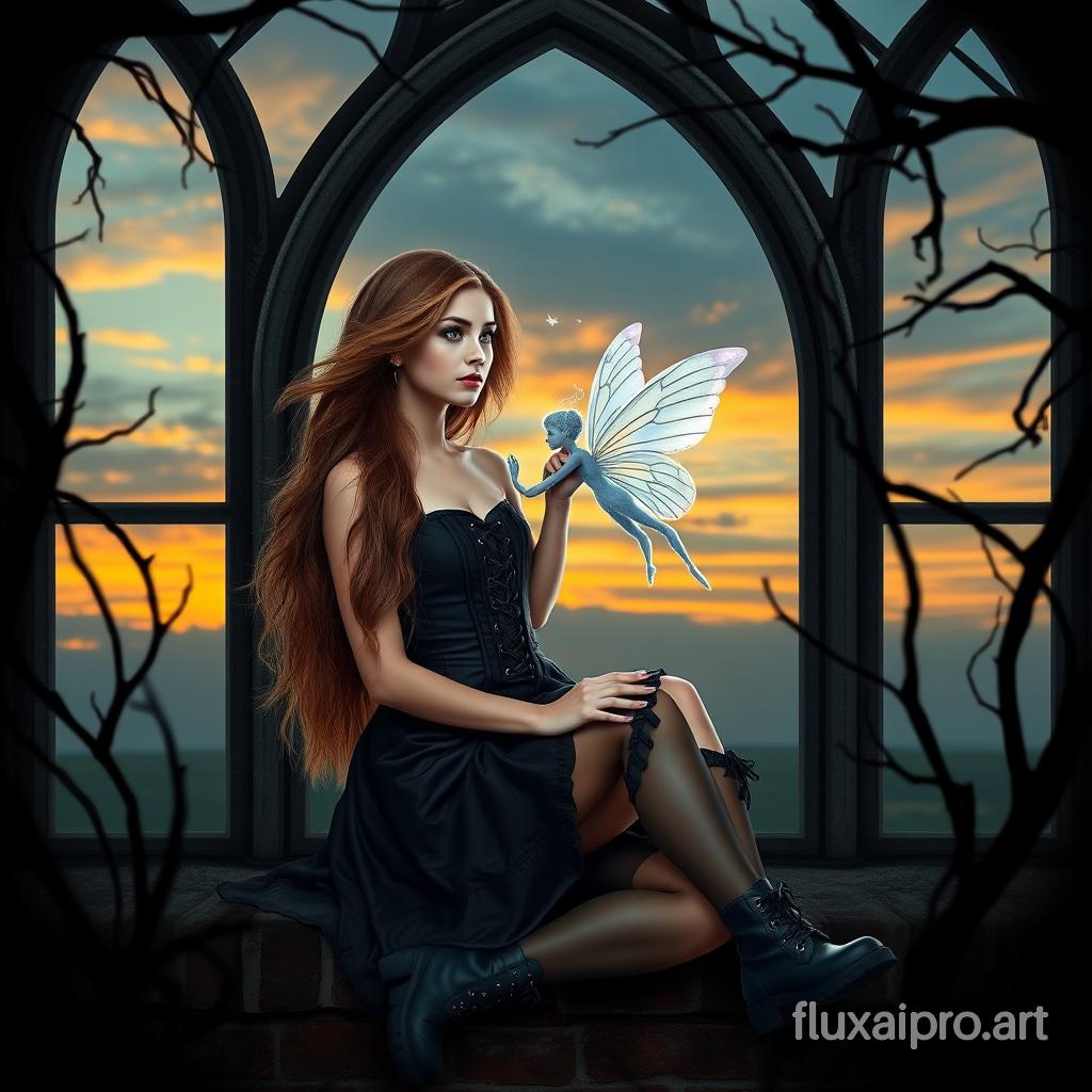 A young woman with long, flowing hair, seated by a Gothic arched window. She wears a black corseted dress and lace-up boots. In the window, a translucent fairy with butterfly wings is seen, holding hands with the woman. The background displays a dramatic sky with hues of orange and blue, suggesting either a sunrise or sunset. The window is framed by dark, twisted branches, adding to the mystical ambiance of the scene.