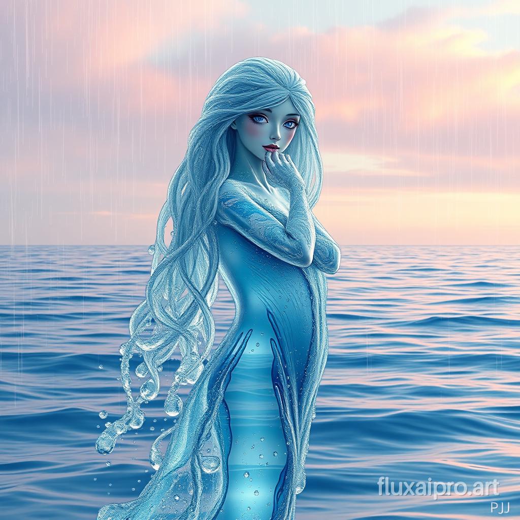 Her body is sculpted from crystal-clear water, each droplet perfectly formed and suspended in motion, capturing the light in a thousand tiny rainbows. Her eyes, deep pools of sapphire, reflect the endless sky, while her hair cascades in a waterfall of silver, dissolving into mist at the tips. The background is a vast, placid ocean that stretches infinitely, its surface mirroring the soft hues of dawn, with gentle waves whispering secrets to the shore. Above, the sky is painted with the softest shades of pink and lavender, with a gentle rain that seems to fall upwards, creating a surreal, dreamlike atmosphere. The air is filled with the sweet scent of morning dew, and the world around her seems to hold its breath in reverence. The artist’s initials "PJ" is signed at the bottom in small letters. ,digital, serene, dreamlike, water, delicate.