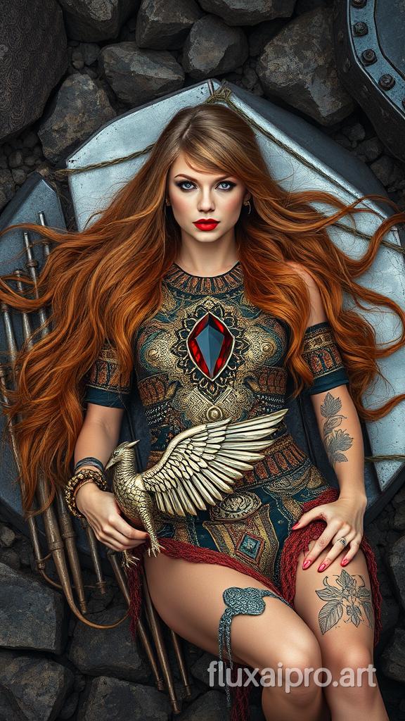 A woman with long, like Taylor Swift,flowing red hair, lying amidst a backdrop of rocky and metallic surfaces. She wears a detailed, tribal-inspired outfit with intricate patterns, metallic elements, and a red gem-like object in the center. The woman has tattoos on her arm and leg, and she holds a large, metallic, winged creature in her hand. The overall ambiance of the image is intense, with a blend of natural and industrial elements.