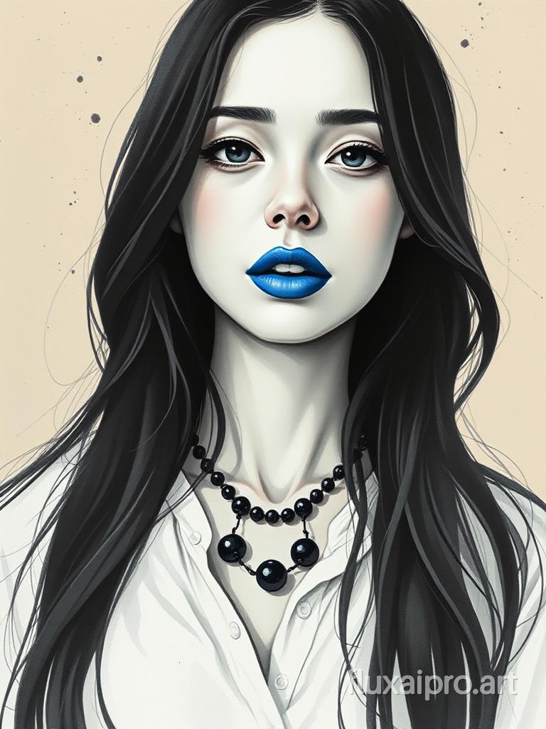 A hyper-realistic wet watercolor medium shot of a woman with delicate and tender features. The woman has long, dark hair and is wearing a white blouse and a dark necklace. The background is a beige wall with a few dots. The overall image has a monochromatic black and white composition, with the exception of the vibrant blue color of the woman's lips. The artist's skill is evident in the intricate details and textures of the ink.