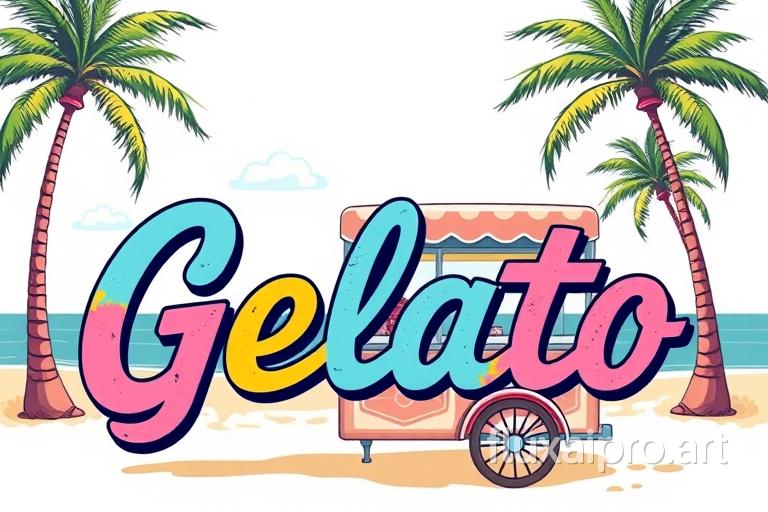 A vibrant custom illustration, retro-style, featuring a vintage ice cream cart, by the beach, with palm trees. The text 'Gelato' is displayed in a retro, distressed style, with each letter in a different color, exuding a sense of nostalgia. The design is perfect for a t-shirt print, with an isolated white background.