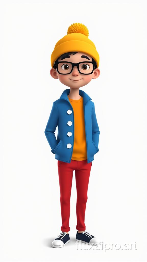 A stylized figure of a person. The individual is wearing a colorful outfit consisting of a blue jacket with three white circular buttons, an orange shirt, and red pants. The person is also donning a yellow beanie and glasses. The figure is positioned against a plain gray background, and the entire illustration appears to be digitally rendered.