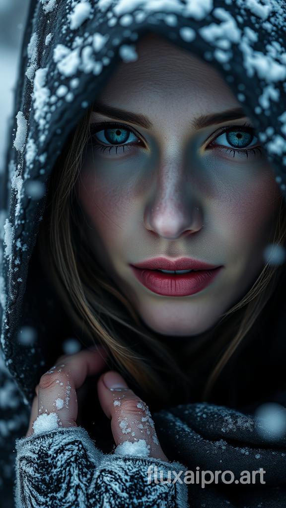 Photorealistic close-up of a mysterious woman in a dark, snow-dusted cloak, her pale skin and pink lips standing out against the cold, wintry background, with her eyes reflecting the soft light of the snow-covered landscape



cinematic lighting, extremely intricate detail character, accurate depiction of character, correct body anatomy, correct hands and fingers, extremely intricate skin and facial skin texture detail, lifelike potrayal, extremely realistic lighting, extreme dynamic pose. Extremely sharp detail without blurring