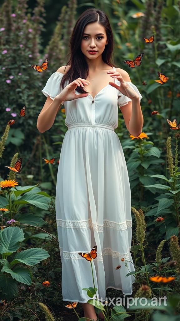 A woman with dark hair is standing in an overgrown garden with a variety of plants and insects. She is wearing a flowing white summer dress and is using a heart gesture with her hands. There are butterflies and a few beetles around her. The background is overgrown with plants.