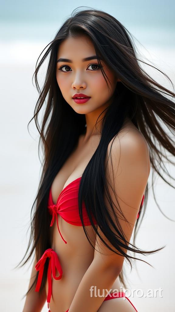 A photo of a sexy young asian woman with long, flowing hair in black, . She has large, expressive eyes, subtle makeup with rosy lips, and a delicate face. She wears red, bikini. The background is beach, contrasting with her outfit, creating an elegant aesthetic.