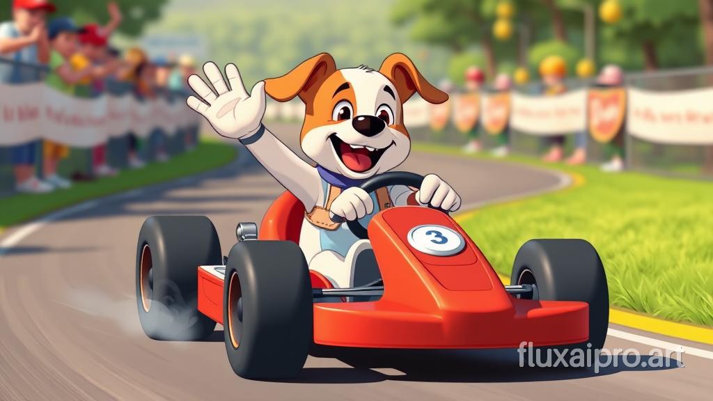 a cartoon like image a puppy dog racing in a go cart waving at the fans with the fans on the side of the road cheering
