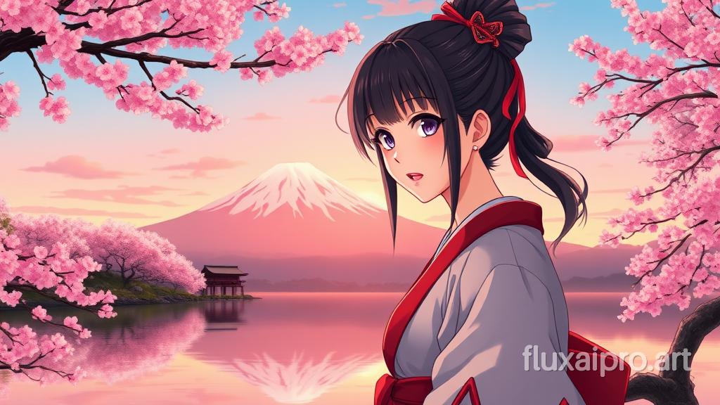 Anime style portrait of a female samurai at a beautiful lake with cherry trees, mountain fuji background, spring, sunset