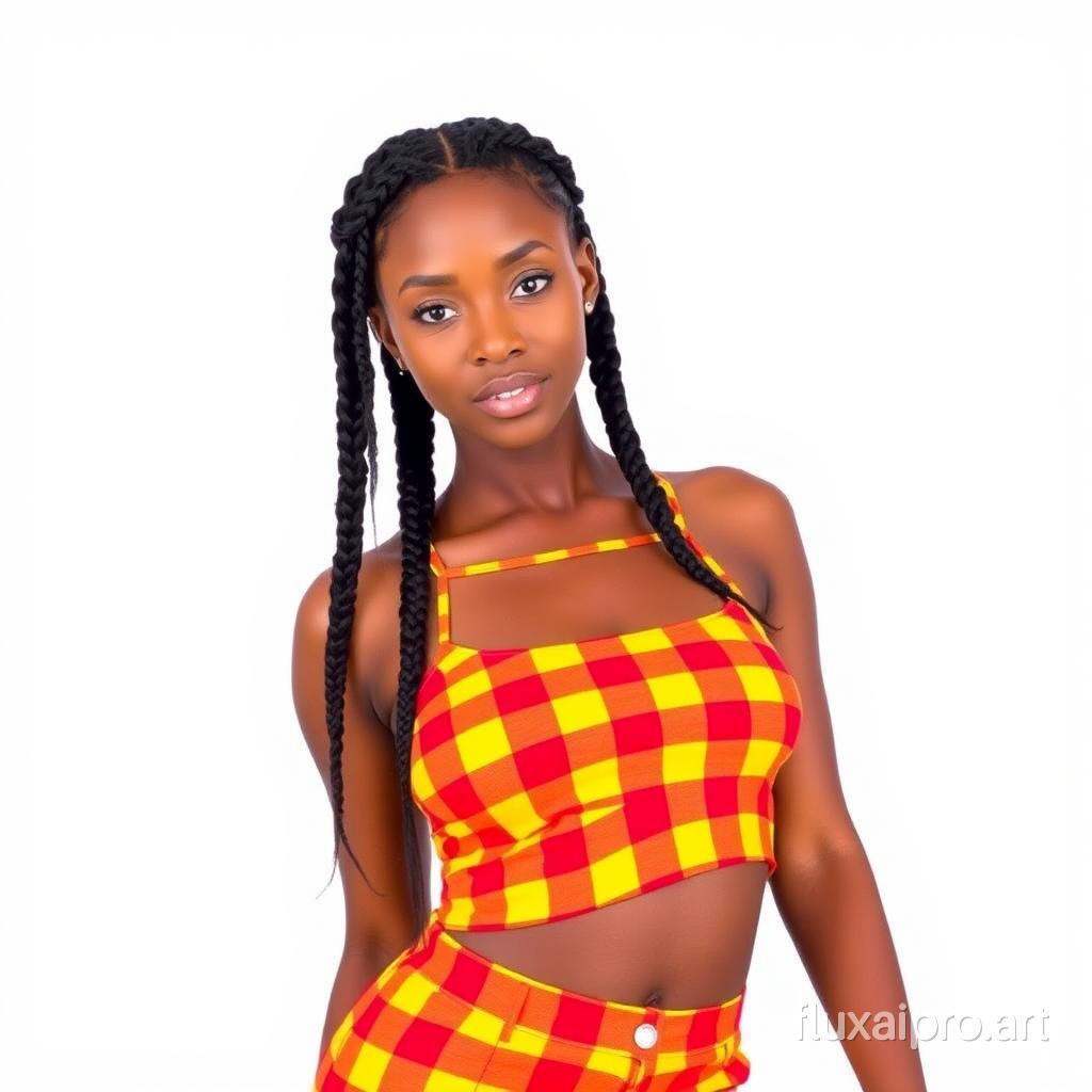 A woman with a confident expression. She has her hair styled in two long braids that hang down on either side of her face. She is wearing a top and shorts set with a vibrant checkered pattern in red and yellow. The top has a unique cut-out design around the chest area, and the shorts feature a similar cut-out design on the sides. The background of the image is plain white, emphasizing the subject.