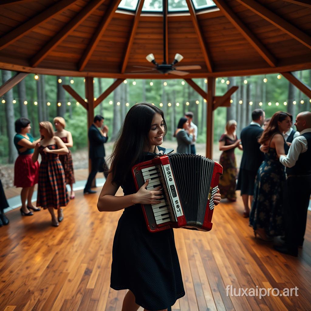 A dark-haired woman in her early thirties playing the piano accordion in the middle of an octagonal wooden dance floor with a wooden roof in the swedish forest, surrounded by dancers dancing in pairs