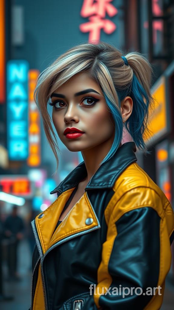 Eyes are big. And she is Indian A young woman with blonde and blue hair, wearing a black and yellow leather jacket with white and yellow accents, standing in a cyberpunk city with neon signs. She has dark eyes and dark lipstick. Her expression is slightly smirk and she is looking to the right. The background is blurry and out of focus.