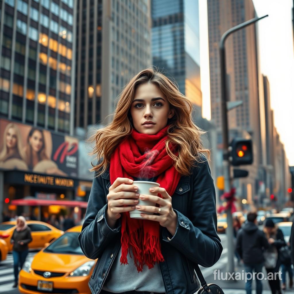 Amidst the bustling streets of New York City, a young woman stands at a busy intersection, her vibrant red scarf fluttering in the brisk autumn wind. With her long hair cascading in loose waves and a determined expression on her face, she clutches a steaming cup of coffee, the rich aroma mingling with the faint sounds of honking taxis and chattering pedestrians. The towering skyscrapers loom above her, their glass facades reflecting the warm hues of the setting sun. Surrounding her, a mosaic of diverse faces and styles creates a lively backdrop, as street vendors call out and the faint tunes of a nearby busker play in harmony with the city’s rhythm. The moment is charged with a sense of possibility, as she gazes ahead, ready to embrace the vibrant energy of the city that never sleeps.