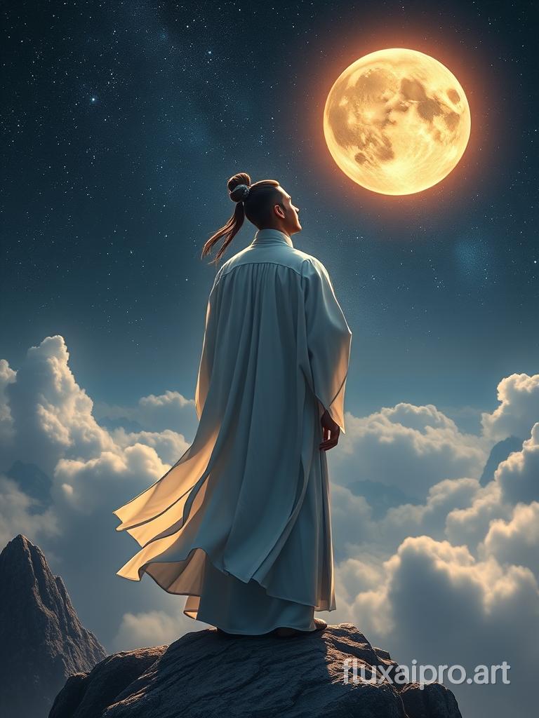 a handsome Chinese Taoist in flowing white Taoist robe, standing on a mountain peak gazing at the starry night sky, surrounded by clouds, ethereal atmosphere, highly detailed, cinematic lighting, digital art, concept art, fantasy