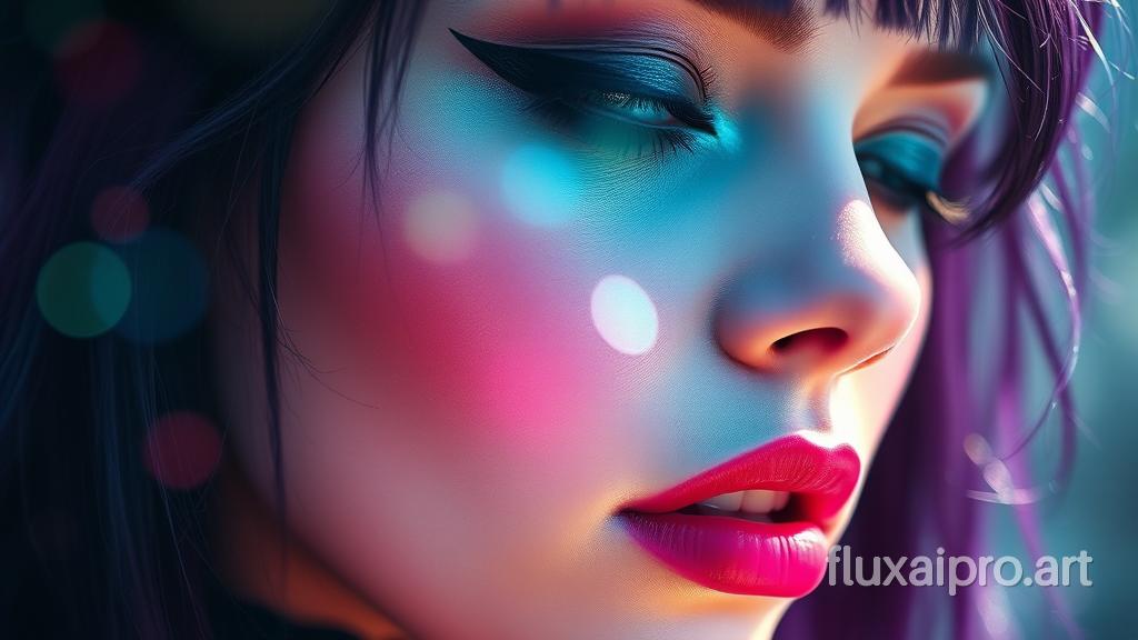 A close-up of a gothic performer, The subject is overlaid with bright lightreflections, giving it an ethereal and dreamy appearance. The colors are a blend of muted purple, pink, teal and blue, creating a sense of depth and mystery. The gothic woman's eye is closed, and the lips are slightly parted, suggesting a state of calm or introspection. soft backlighting, sunny atmosphere, poster, graffiti, product, painting, portrait photography, vibrant, fashion, cinematic, photo, conceptual art, 3d render, illustration