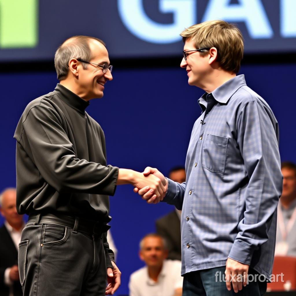 foto de steve jobs y bill gates saludandose